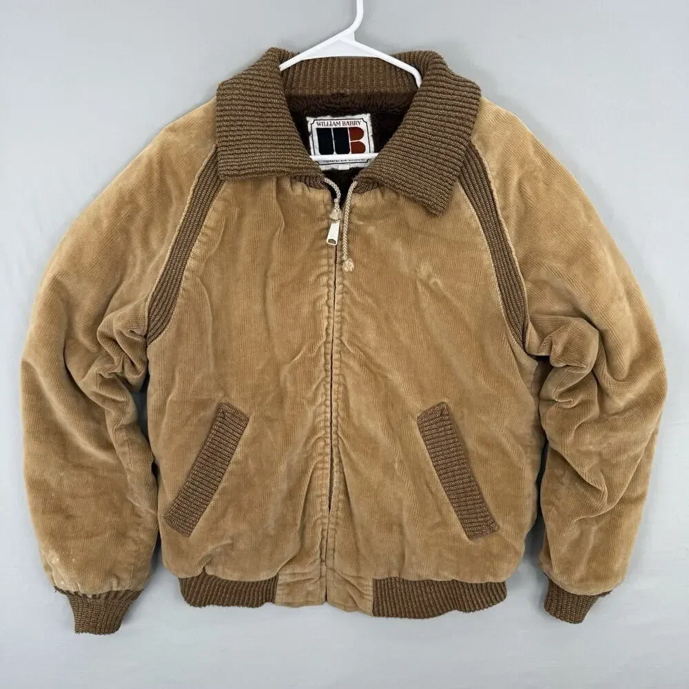 Vintage Corduroy Flight Bomber Jacket 70s Brown WIlliam Barry Sz 40 Lined Coat